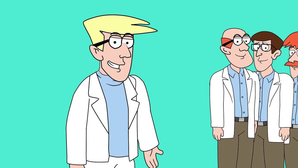 A cartoon scientist in a white lab coat grins as a row of look-alike scientists stands behind him, from the Kelleytoons mission statement video.